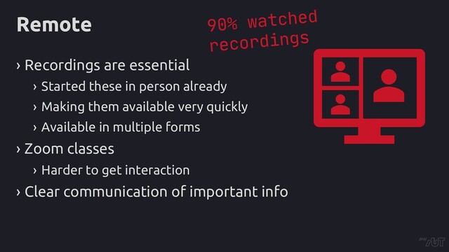 Remote
› Recordings are essential
› Started these in person already
› Making them available very quickly
› Available in multiple forms
› Zoom classes
› Harder to get interaction
› Clear communication of important info
