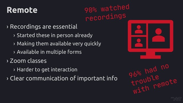 Remote
› Recordings are essential
› Started these in person already
› Making them available very quickly
› Available in multiple forms
› Zoom classes
› Harder to get interaction
› Clear communication of important info
