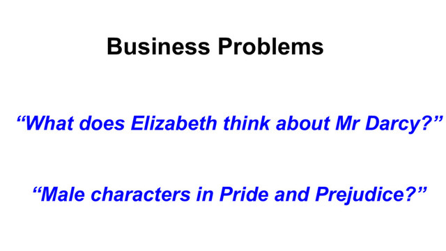 Business Problems
“What does Elizabeth think about Mr Darcy?”
“Male characters in Pride and Prejudice?”
