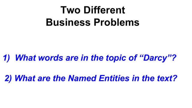 Two Different
Business Problems
1) What words are in the topic of “Darcy”?
2) What are the Named Entities in the text?
