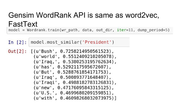 Gensim WordRank API is same as word2vec,
FastText

