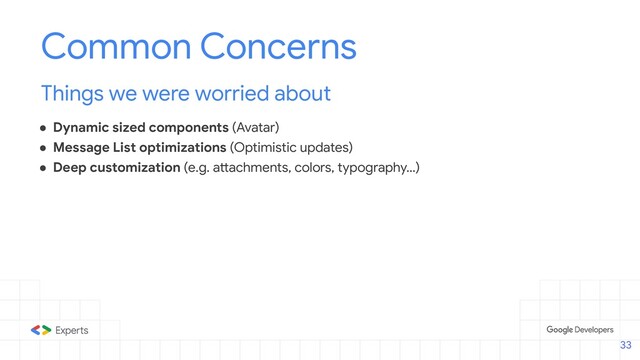 ● Dynamic sized components (Avatar)
● Message List optimizations (Optimistic updates)
● Deep customization (e.g. attachments, colors, typography…)
Common Concerns
Things we were worried about
33
