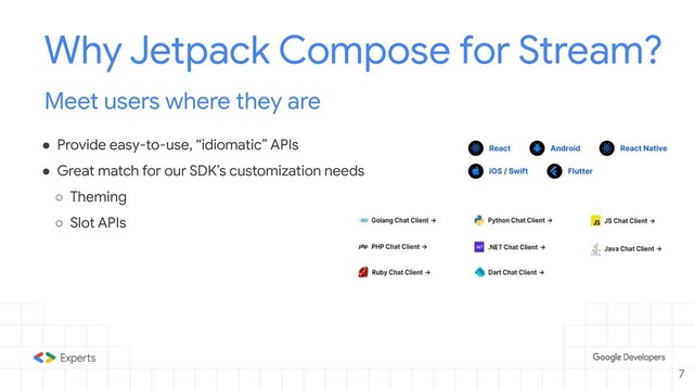 Why Jetpack Compose for Stream?
Meet users where they are
● Provide easy-to-use, “idiomatic” APIs
● Great match for our SDK’s customization needs
○ Theming
○ Slot APIs
7
