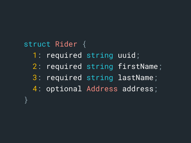 struct Rider {
1: required string uuid;
2: required string firstName;
3: required string lastName;
4: optional Address address;
}a
