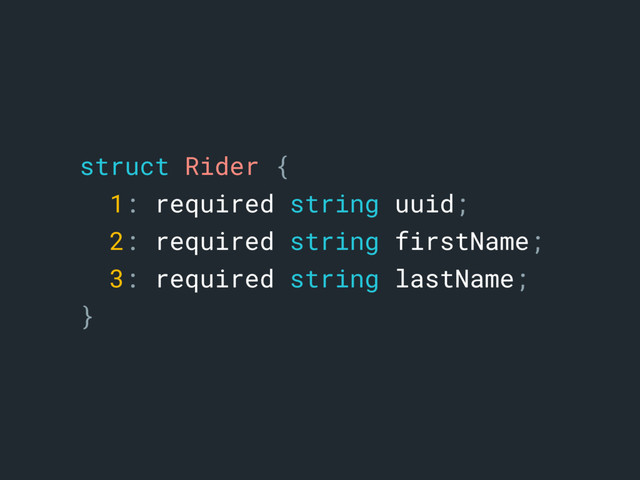 struct Rider {
1: required string uuid;
2: required string firstName;
3: required string lastName;
}a

