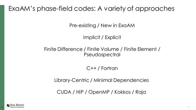 14
14 14
ExaAM’s phase-field codes: A variety of approaches
Implicit / Explicit
Finite Difference / Finite Volume / Finite Element /
Pseudospectral
C++ / Fortran
Library-Centric / Minimal Dependencies
Pre-existing / New in ExaAM
CUDA / HIP / OpenMP / Kokkos / Raja

