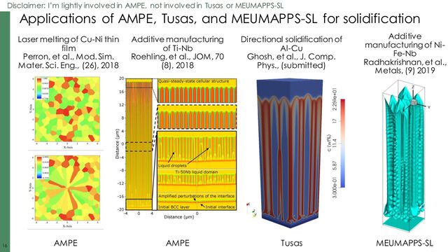 16
16 16
Applications of AMPE, Tusas, and MEUMAPPS-SL for solidification
Laser melting of Cu-Ni thin
film
Perron, et al., Mod. Sim.
Mater. Sci. Eng., (26), 2018
Additive manufacturing
of Ti-Nb
Roehling, et al., JOM, 70
(8), 2018
Disclaimer: I’m lightly involved in AMPE, not involved in Tusas or MEUMAPPS-SL
Directional solidification of
Al-Cu
Ghosh, et al., J. Comp.
Phys., (submitted)
AMPE AMPE MEUMAPPS-SL
Additive
manufacturing of Ni-
Fe-Nb
Radhakrishnan, et al.,
Metals, (9) 2019
Tusas
