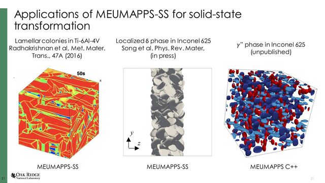 21
21 21
Applications of MEUMAPPS-SS for solid-state
transformation
Lamellar colonies in Ti-6Al-4V
Radhakrishnan et al, Met. Mater.
Trans., 47A (2016)
Localized ẟ phase in Inconel 625
Song et al, Phys. Rev. Mater,
(in press)
𝛾” phase in Inconel 625
(unpublished)
MEUMAPPS-SS MEUMAPPS-SS MEUMAPPS C++
