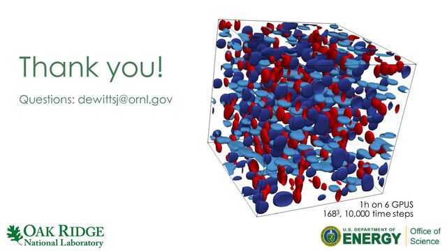 Thank you!
Questions: dewittsj@ornl.gov
1h on 6 GPUS
1683, 10,000 time steps
