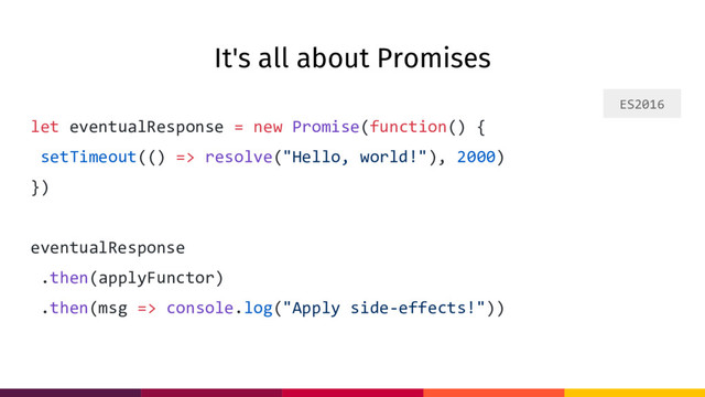 It's all about Promises
let eventualResponse = new Promise(function() {
setTimeout(() => resolve("Hello, world!"), 2000)
})
eventualResponse
.then(applyFunctor)
.then(msg => console.log("Apply side-effects!"))
ES2016
