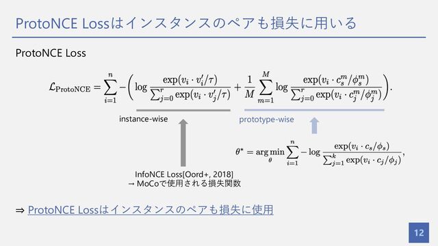 ProtoNCE Lossはインスタンスのペアも損失に⽤いる
12
ProtoNCE Loss
⇒ ProtoNCE Lossはインスタンスのペアも損失に使⽤
InfoNCE Loss[Oord+, 2018]
→ MoCoで使⽤される損失関数
instance-wise prototype-wise
