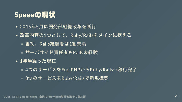 Speee
の現状
2015
年5
月に開発部組織改革を断行
改革内容の1
つとして、Ruby/Rails
をメインに据える
当初、Rails
経験者は1
割未満
サー
バサイド責任者もRails
未経験
1
年半経った現在
4
つのサー
ビスをFuelPHP
からRuby/Rails
へ移行完了
3
つのサー
ビスをRuby/Rails
で新規構築
2016-12-19 Shippai Night |
全員でRuby/Rails
移行を進めてきた話 4
