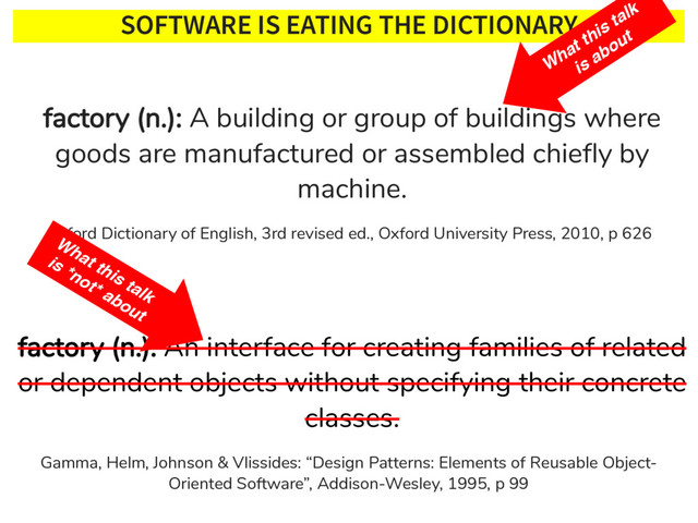 SOFTWARE IS EATING THE DICTIONARY
Oxford Dictionary of English, 3rd revised ed., Oxford University Press, 2010, p 626
Gamma, Helm, Johnson & Vlissides: “Design Patterns: Elements of Reusable Object-
Oriented Software”, Addison-Wesley, 1995, p 99
factory (n.): A building or group of buildings where
goods are manufactured or assembled chieﬂy by
machine.
W
hat this talk
is about
factory (n.): An interface for creating families of related
or dependent objects without specifying their concrete
classes.
What this talk
is *not* about
