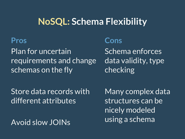 NoSQL: Schema Flexibility
Pros
Plan for uncertain
requirements and change
schemas on the fly
Store data records with
different attributes
Avoid slow JOINs
Cons
Schema enforces
data validity, type
checking
Many complex data
structures can be
nicely modeled
using a schema
