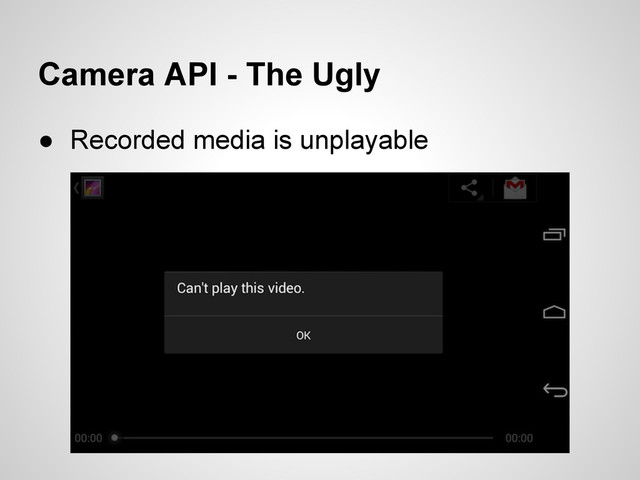 Camera API - The Ugly
● Recorded media is unplayable
