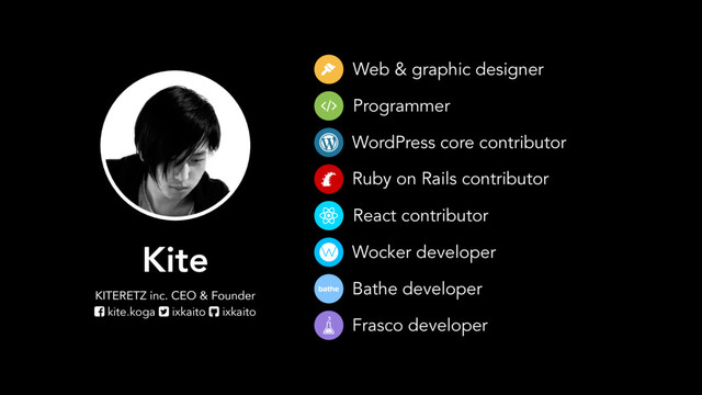 Kite
KITERETZ inc. CEO & Founder
! kite.koga " ixkaito # ixkaito
Web & graphic designer
Programmer
WordPress core contributor
Ruby on Rails contributor
React contributor
Wocker developer
Bathe developer
Frasco developer
