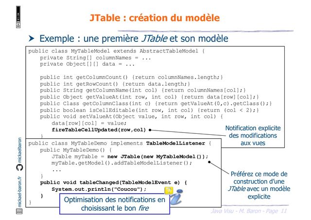 11
Java Visu - M. Baron - Page
mickael-baron.fr mickaelbaron
JTable : création du modèle
 Exemple : une première JTable et son modèle
public class MyTableModel extends AbstractTableModel {
private String[] columnNames = ...
private Object[][] data = ...
public int getColumnCount() {return columnNames.length;}
public int getRowCount() {return data.length;}
public String getColumnName(int col) {return columnNames[col];}
public Object getValueAt(int row, int col) {return data[row][col];}
public Class getColumnClass(int c) {return getValueAt(0,c).getClass();}
public boolean isCellEditable(int row, int col) {return (col < 2);}
public void setValueAt(Object value, int row, int col) {
data[row][col] = value;
fireTableCellUpdated(row,col)
}
}
public class MyTableDemo implements TableModelListener {
public MyTableDemo() {
JTable myTable = new JTable(new MyTableModel());
myTable.getModel().addTableModelListener();
...
}
public void tableChanged(TableModelEvent e) {
System.out.println("Coucou");
}
}
Préférez ce mode de
construction d’une
JTable avec un modèle
explicite
Notification explicite
des modifications
aux vues
Optimisation des notifications en
choisissant le bon fire
