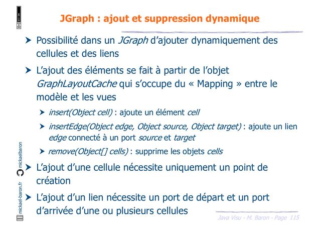 115
Java Visu - M. Baron - Page
mickael-baron.fr mickaelbaron
JGraph : ajout et suppression dynamique
 Possibilité dans un JGraph d’ajouter dynamiquement des
cellules et des liens
 L’ajout des éléments se fait à partir de l’objet
GraphLayoutCache qui s’occupe du « Mapping » entre le
modèle et les vues
 insert(Object cell) : ajoute un élément cell
 insertEdge(Object edge, Object source, Object target) : ajoute un lien
edge connecté à un port source et target
 remove(Object[] cells) : supprime les objets cells
 L’ajout d’une cellule nécessite uniquement un point de
création
 L’ajout d’un lien nécessite un port de départ et un port
d’arrivée d’une ou plusieurs cellules
