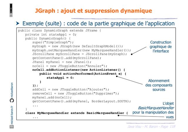 118
Java Visu - M. Baron - Page
mickael-baron.fr mickaelbaron
JGraph : ajout et suppression dynamique
 Exemple (suite) : code de la partie graphique de l’application
public class DynamicGraph extends JFrame {
private int stateAppl = 0;
public DynamicGraph() {
super("SimpleGraph");
myGraph = new JGraph(new DefaultGraphModel());
myGraph.setMarqueeHandler(new MyMarqueeHandler());
JScrollPane myScrollPane = JScrollPane(myGraph);
getContentPane().add(myScrollPane);
JPanel myPanel = new JPanel();
noCell = new JToggleButton("Annuler");
noCell.addActionListener(new ActionListener() {
public void actionPerformed(ActionEvent e) {
stateAppl = 0;
}
});
addCell = new JToggleButton("Ajouter");
removeCell = new JToggleButton("Supprimer");
myPanel.add(noCell);
getContentPane().add(myPanel, BorderLayout.SOUTH);
...
}
class MyMarqueeHandler extends BasicMarqueeHandler {
...
Construction
graphique de
l’interface
Abonnement
des composants
sources
L’objet
BasicMarqueeHandler
pour la manipulation des
vues
