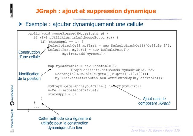 119
Java Visu - M. Baron - Page
mickael-baron.fr mickaelbaron
JGraph : ajout et suppression dynamique
 Exemple : ajouter dynamiquement une cellule
public void mousePressed(MouseEvent e) {
if (SwingUtilities.isLeftMouseButton(e)) {
if (stateAppl == 1) {
DefaultGraphCell myFirst = new DefaultGraphCell("Cellule 1");
DefaultPort myPort1 = new DefaultPort();
myFirst.add(myPort1);
Map myHashTable = new Hashtable();
GraphConstants.setBounds(myHashTable, new
Rectangle2D.Double(e.getX(),e.getY(),40,100));
myFirst.setAttributes(new AttributeMap(myHashTable));
myGraph.getGraphLayoutCache().insert(myFirst);
noCell.setSelected(true);
stateAppl = 0;
}
}
...
}
Cette méthode sera également
utilisée pour la construction
dynamique d’un lien
Construction
d’une cellule
Modification
de la position
Ajout dans le
composant JGraph
