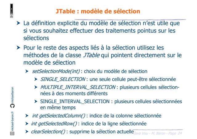 24
Java Visu - M. Baron - Page
mickael-baron.fr mickaelbaron
JTable : modèle de sélection
 La définition explicite du modèle de sélection n’est utile que
si vous souhaitez effectuer des traitements pointus sur les
sélections
 Pour le reste des aspects liés à la sélection utilisez les
méthodes de la classe JTable qui pointent directement sur le
modèle de sélection
 setSelectionMode(int) : choix du modèle de sélection
 SINGLE_SELECTION : une seule cellule peut-être sélectionnée
 MULTIPLE_INTERVAL_SELECTION : plusieurs cellules sélection-
nées à des moments différents
 SINGLE_INTERVAL_SELECTION : plusieurs cellules sélectionnées
en même temps
 int getSelectedColumn() : indice de la colonne sélectionnée
 int getSelectedRow() : indice de la ligne sélectionnée
 clearSelection() : supprime la sélection actuelle
