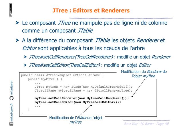 40
Java Visu - M. Baron - Page
mickael-baron.fr mickaelbaron
JTree : Editors et Renderers
 Le composant JTree ne manipule pas de ligne ni de colonne
comme un composant JTable
 A la différence du composant JTable les objets Renderer et
Editor sont applicables à tous les nœuds de l’arbre
 JTree#setCellRenderer(TreeCellRenderer) : modifie un objet Renderer
 JTree#setCellEditor(TreeCellEditor) : modifie un objet Editor
public class JTreeExample3 extends JFrame {
public MyJTree() {
...
JTree myTree = new JTree(new MyDefaultTreeModel());
JScrollPane myScrollPane = new JScrollPane(myTree);
myTree.setCellRenderer(new MyTreeCellRenderer());
myTree.setCellEditor(new MyTreeCellEditor());
...
}
}
Modification de l’Editor de l’objet
myTree
Modification du Renderer de
l’objet myTree
