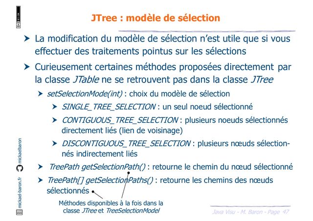 47
Java Visu - M. Baron - Page
mickael-baron.fr mickaelbaron
JTree : modèle de sélection
 La modification du modèle de sélection n’est utile que si vous
effectuer des traitements pointus sur les sélections
 Curieusement certaines méthodes proposées directement par
la classe JTable ne se retrouvent pas dans la classe JTree
 setSelectionMode(int) : choix du modèle de sélection
 SINGLE_TREE_SELECTION : un seul noeud sélectionné
 CONTIGUOUS_TREE_SELECTION : plusieurs noeuds sélectionnés
directement liés (lien de voisinage)
 DISCONTIGUOUS_TREE_SELECTION : plusieurs nœuds sélection-
nés indirectement liés
 TreePath getSelectionPath() : retourne le chemin du nœud sélectionné
 TreePath[] getSelectionPaths() : retourne les chemins des nœuds
sélectionnés
Méthodes disponibles à la fois dans la
classe JTree et TreeSelectionModel
