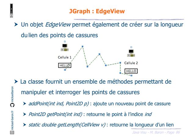 86
Java Visu - M. Baron - Page
mickael-baron.fr mickaelbaron
JGraph : EdgeView
 Un objet EdgeView permet également de créer sur la longueur
du lien des points de cassures
 La classe fournit un ensemble de méthodes permettant de
manipuler et interroger les points de cassures
 addPoint(int ind, Point2D p) : ajoute un nouveau point de cassure
 Point2D getPoint(int ind) : retourne le point à l’indice ind
 static double getLength(CellView v) : retourne la longueur d’un lien
