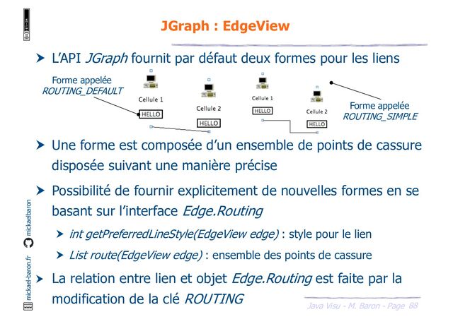 88
Java Visu - M. Baron - Page
mickael-baron.fr mickaelbaron
JGraph : EdgeView
 L’API JGraph fournit par défaut deux formes pour les liens
 Une forme est composée d’un ensemble de points de cassure
disposée suivant une manière précise
 Possibilité de fournir explicitement de nouvelles formes en se
basant sur l’interface Edge.Routing
 int getPreferredLineStyle(EdgeView edge) : style pour le lien
 List route(EdgeView edge) : ensemble des points de cassure
 La relation entre lien et objet Edge.Routing est faite par la
modification de la clé ROUTING
Forme appelée
ROUTING_SIMPLE
Forme appelée
ROUTING_DEFAULT
