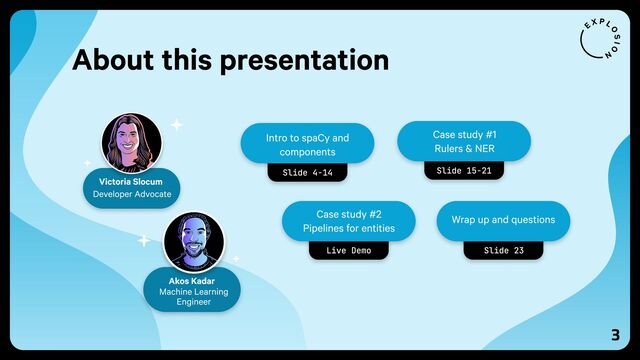 3
About this presentation
Akos Kadar
Machine Learning
Engineer
Victoria Slocum
Developer Advocate
Live Demo
Case study #2

Pipelines for entities
Slide 15-21
Case study #1

Rulers & NER
Slide 4-14
Intro to spaCy and
components
Slide 23
Wrap up and questions
