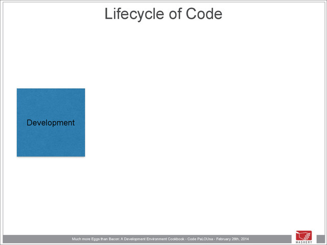 Much more Eggs than Bacon: A Development Environment Cookbook - Code PaLOUsa - February 26th, 2014
Lifecycle of Code
Development
