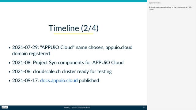 APPUiO – Swiss Container Platform
2021-07-29: "APPUiO Cloud" name chosen, appuio.cloud
domain registered
2021-08: Project Syn components for APPUiO Cloud
2021-08: cloudscale.ch cluster ready for testing
2021-09-17: published
Timeline (2/4)
docs.appuio.cloud
A timeline of events leading to the release of APPUiO
Cloud.
Speaker notes
45
