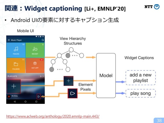 • Android UIの要素に対するキャプション⽣成
38
関連︓Widget captioning [Li+, EMNLP’20]
https://www.aclweb.org/anthology/2020.emnlp-main.443/
