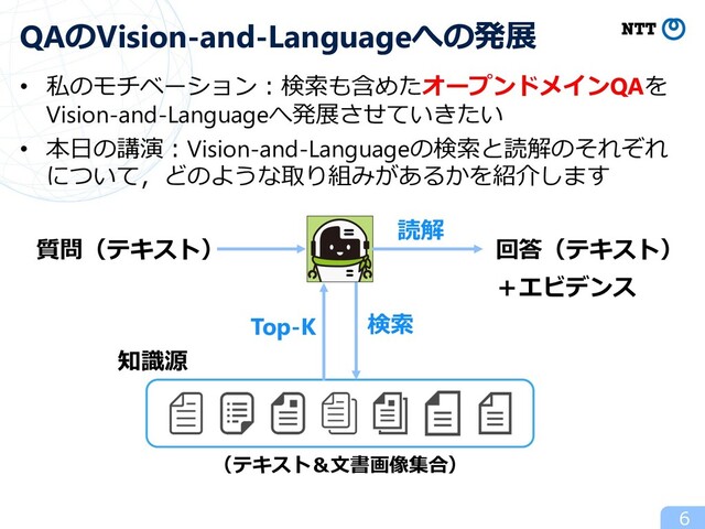 • 私のモチベーション︓検索も含めたオープンドメインQAを
Vision-and-Languageへ発展させていきたい
• 本⽇の講演︓Vision-and-Languageの検索と読解のそれぞれ
について，どのような取り組みがあるかを紹介します
6
QAのVision-and-Languageへの発展
知識源
質問（テキスト） 回答（テキスト）
＋エビデンス
検索
読解
Top-K
（テキスト＆⽂書画像集合）
