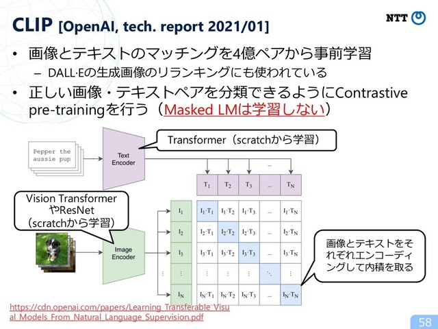 • 画像とテキストのマッチングを4億ペアから事前学習
– DALL·Eの⽣成画像のリランキングにも使われている
• 正しい画像・テキストペアを分類できるようにContrastive
pre-trainingを⾏う（Masked LMは学習しない）
58
CLIP [OpenAI, tech. report 2021/01]
画像とテキストをそ
れぞれエンコーディ
ングして内積を取る
Vision Transformer
やResNet
（scratchから学習）
Transformer（scratchから学習）
https://cdn.openai.com/papers/Learning_Transferable_Visu
al_Models_From_Natural_Language_Supervision.pdf
