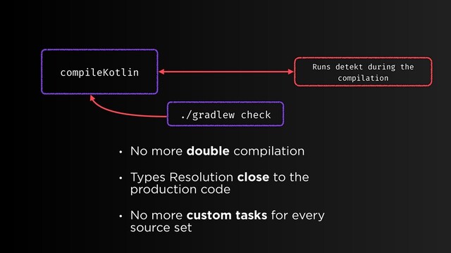 compileKotlin Runs detekt during the
compilation
./gradlew check
• No more double compilation
• Types Resolution close to the
production code
• No more custom tasks for every
source set
