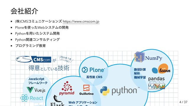会社紹介
(
株)CMS
コミュニケーションズ https://www.cmscom.jp
Plone
を使ったWeb
システムの開発
Python
を用いたシステム開発
Python
関連コンサルティング
プログラミング教育
4 / 37
