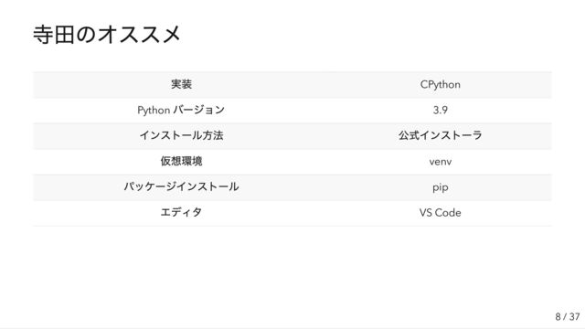 寺田のオススメ
実装 CPython
Python
バージョン 3.9
インストール方法 公式インストーラ
仮想環境 venv
パッケージインストール pip
エディタ VS Code
8 / 37
