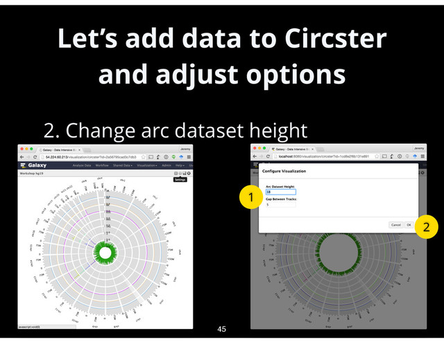 Let’s add data to Circster
and adjust options
•
2. Change arc dataset height
45
1
2
