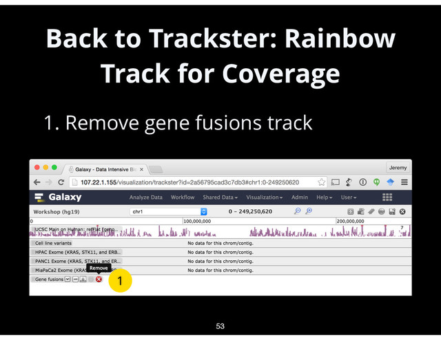 Back to Trackster: Rainbow
Track for Coverage
•
1. Remove gene fusions track
53
1
