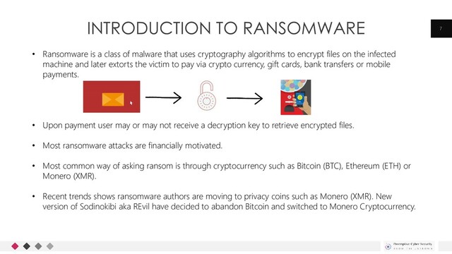 INTRODUCTION TO RANSOMWARE 7
• Ransomware is a class of malware that uses cryptography algorithms to encrypt files on the infected
machine and later extorts the victim to pay via crypto currency, gift cards, bank transfers or mobile
payments.
• Upon payment user may or may not receive a decryption key to retrieve encrypted files.
• Most ransomware attacks are financially motivated.
• Most common way of asking ransom is through cryptocurrency such as Bitcoin (BTC), Ethereum (ETH) or
Monero (XMR).
• Recent trends shows ransomware authors are moving to privacy coins such as Monero (XMR). New
version of Sodinokibi aka REvil have decided to abandon Bitcoin and switched to Monero Cryptocurrency.
