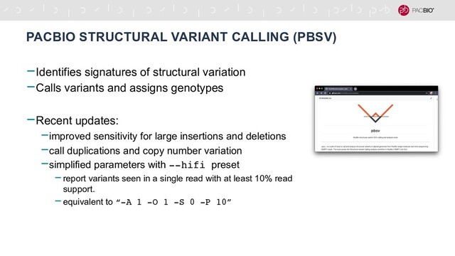 PACBIO STRUCTURAL VARIANT CALLING (PBSV)
-Identifies signatures of structural variation
-Calls variants and assigns genotypes
-Recent updates:
-improved sensitivity for large insertions and deletions
-call duplications and copy number variation
-simplified parameters with --hifi preset
-report variants seen in a single read with at least 10% read
support.
-equivalent to “-A 1 -O 1 -S 0 -P 10”
