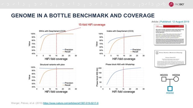 GENOME IN A BOTTLE BENCHMARK AND COVERAGE
Wenger, Peluso, et al. (2019) https://www.nature.com/articles/s41587-019-0217-9
HiFi fold coverage
HiFi fold coverage
HiFi fold coverage
HiFi fold coverage
15-fold HiFi coverage
HG002
HG003 HG004
Article | Published: 12 August 2019
