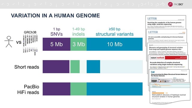 VARIATION IN A HUMAN GENOME
5 Mb 3 Mb 10 Mb
1 bp
SNVs
≥50 bp
structural variants
1-49 bp
indels
PacBio
HiFi reads
Short reads
vs
GRCh38
