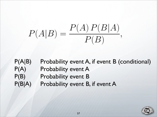 57
P(A|B)
P(A)
P(B)
P(B|A)
Probability event A, if event B (conditional)
Probability event A
Probability event B
Probability event B, if event A
