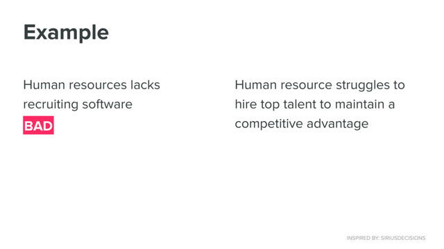 Example
Human resources lacks
recruiting software
Human resource struggles to
hire top talent to maintain a
competitive advantage
BAD
INSPIRED BY: SIRIUSDECISIONS
