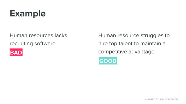 Example
Human resources lacks
recruiting software
Human resource struggles to
hire top talent to maintain a
competitive advantage
BAD
GOOD
INSPIRED BY: SIRIUSDECISIONS
