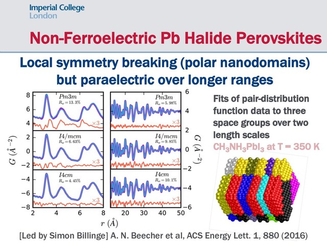 Non-Ferroelectric Pb Halide Perovskites
Local symmetry breaking (polar nanodomains)
but paraelectric over longer ranges
[Led by Simon Billinge] A. N. Beecher et al, ACS Energy Lett. 1, 880 (2016)
Fits of pair-distribution
function data to three
space groups over two
length scales
CH3
NH3
PbI3
at T = 350 K
