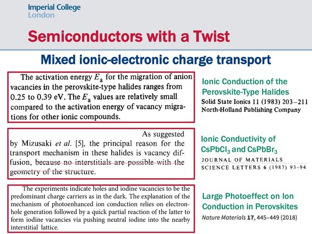 Semiconductors with a Twist
Mixed ionic-electronic charge transport
Ionic Conduction of the
Perovskite-Type Halides
Ionic Conductivity of
CsPbCl3
and CsPbBr3
Large Photoeffect on Ion
Conduction in Perovskites
