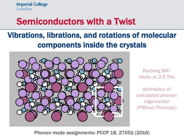 Semiconductors with a Twist
Phonon mode assignments: PCCP 18, 27051 (2016)
Vibrations, librations, and rotations of molecular
components inside the crystals
Rocking MA+
mode at 2.5 THz
Animation of
calculated phonon
eigenvector
(PBEsol/Phonopy)
